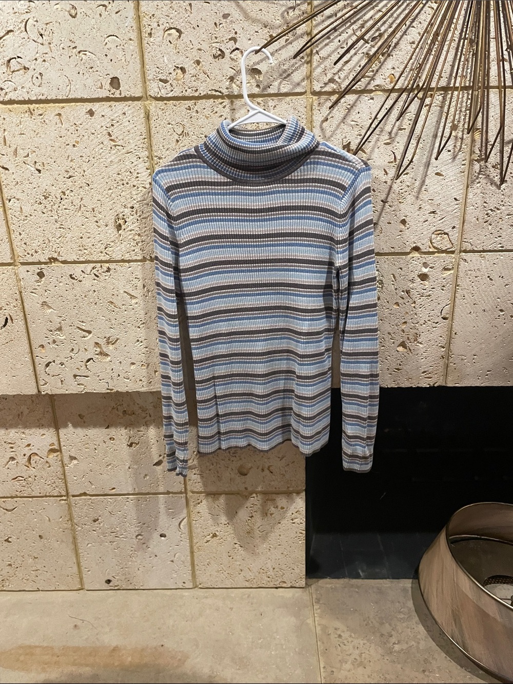 Striped Ribbed Turtleneck Sweater in Blue and Gray